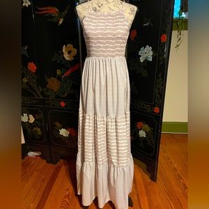 Sleeveless Beige Lightweight Tiered Maxi Dress with a Smocked Top